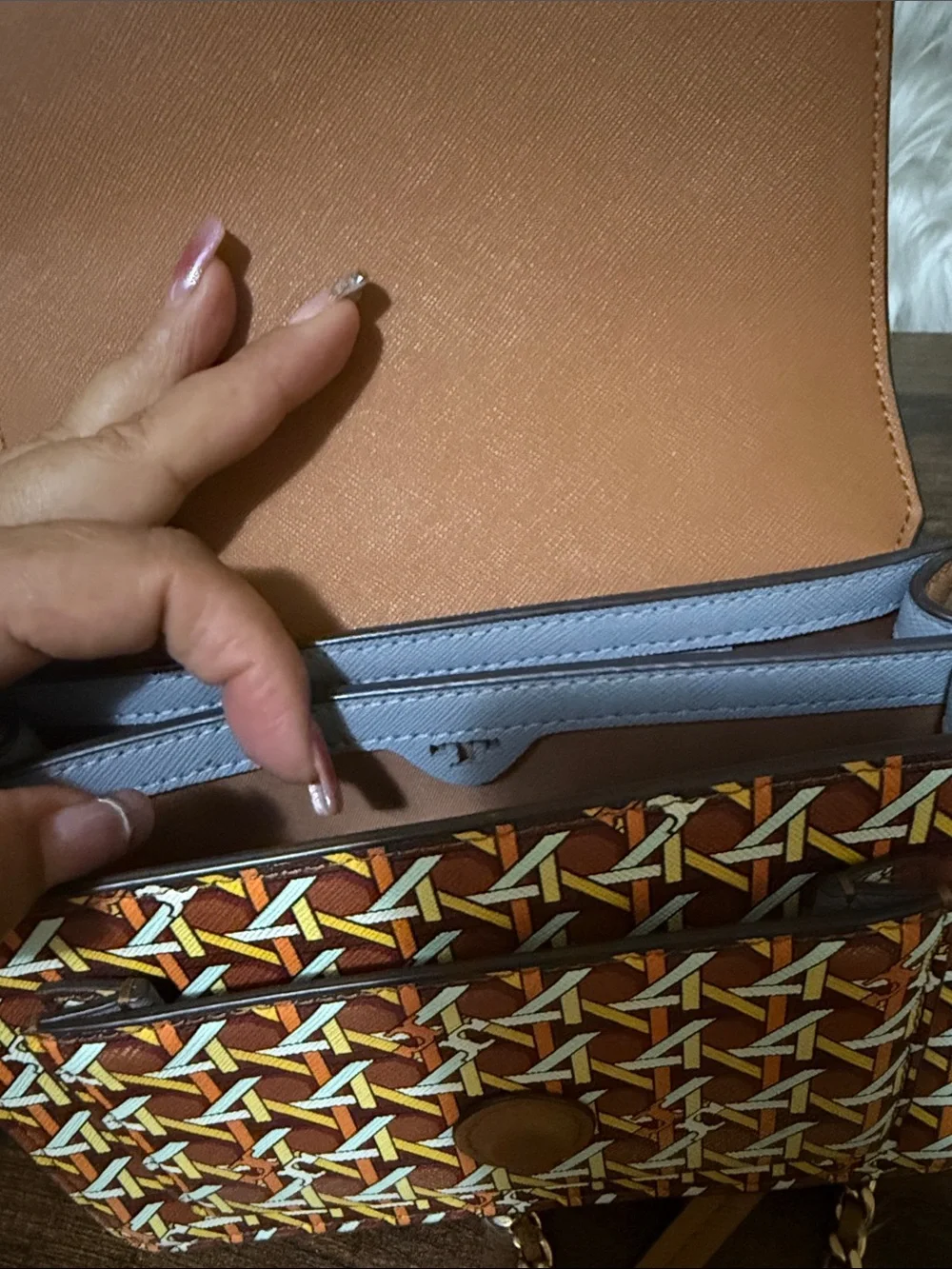 Tory Burch Geometric Print Chain Crossbody in Brown and Yellow